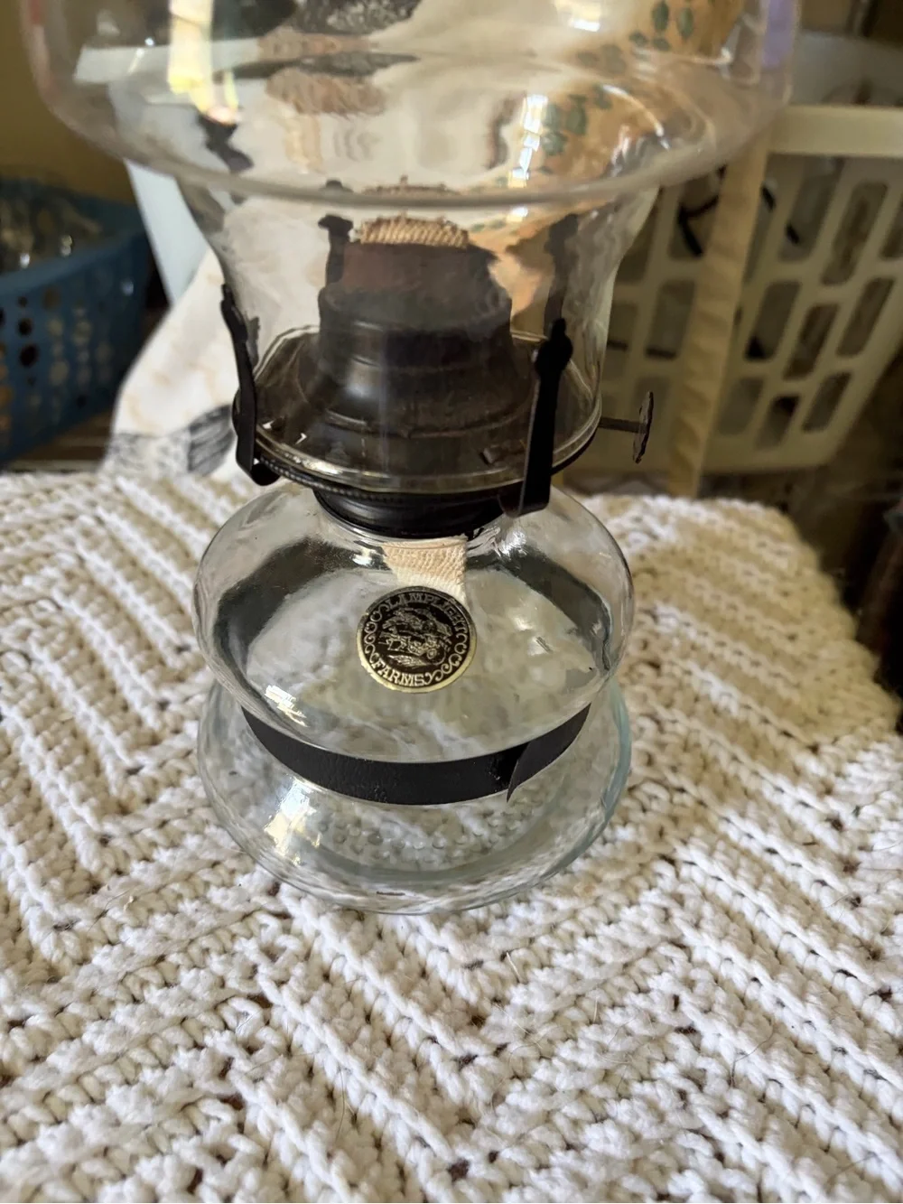Vintage Lamplight Glass Oil Lamp with Black Metal Trim